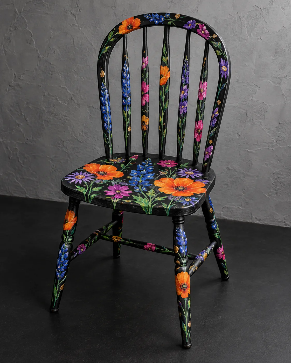 Concept render of a black Windsor chair hand-painted with poppies, lupine and other California wildflowers