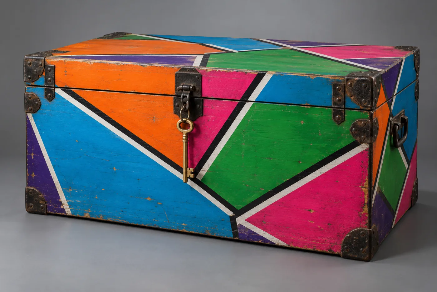 Concept render of an old trunk with iron corners painted in blocks of orange, pink, green, blue and violet, with a small brass key hanging from the latch
