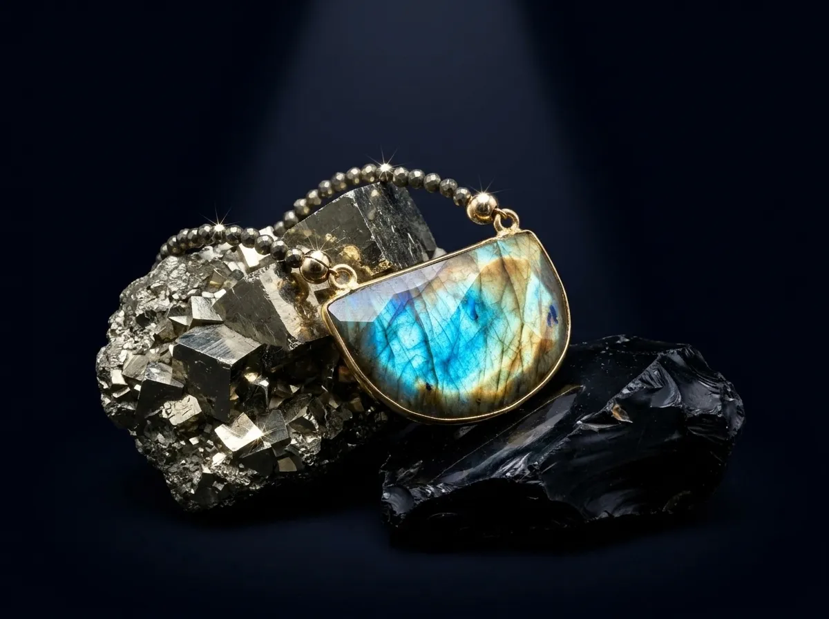 Labradorite half-moon pendant in a gold bezel resting on pyrite