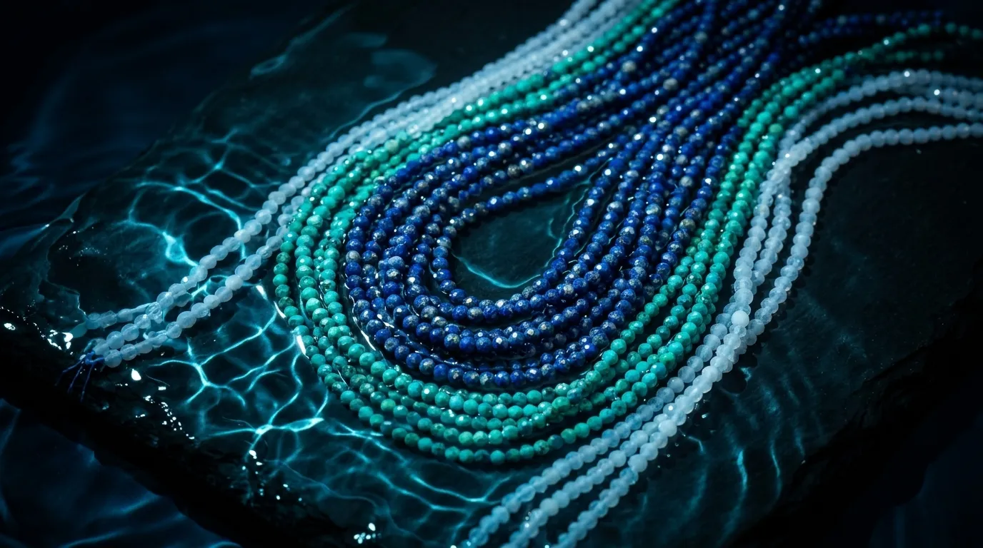 Blue, turquoise and pale blue faceted strands on wet dark stone