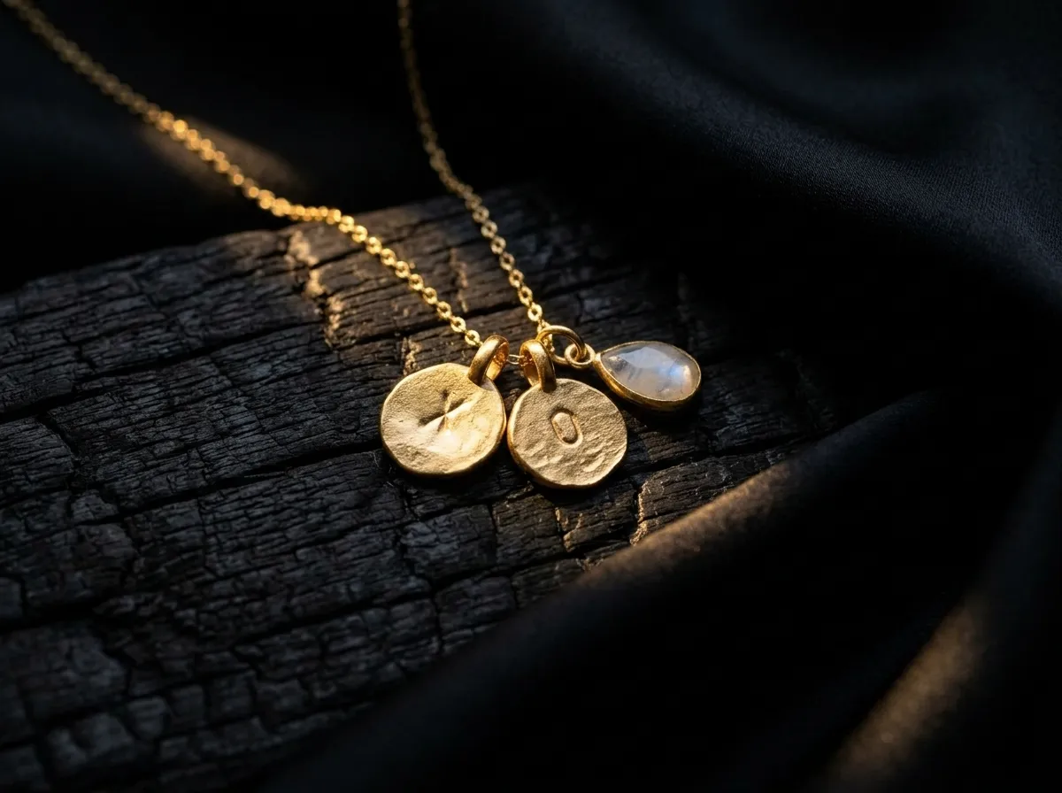 Two stamped gold initial discs and a moonstone drop on a fine chain