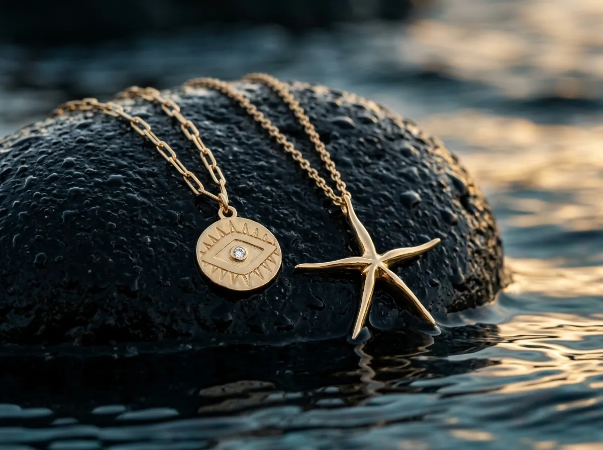 Gold starfish charm and evil eye medallion on a dark stone by the water