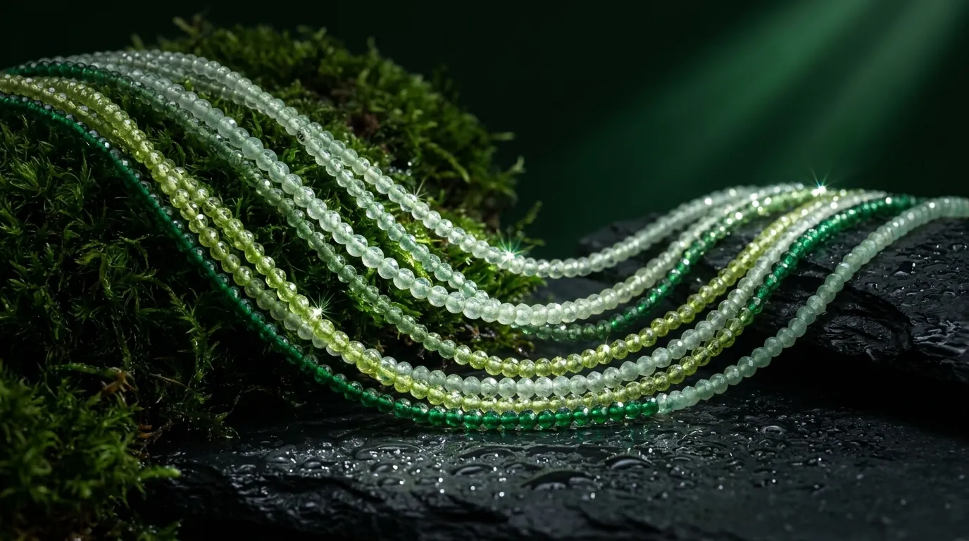 Green faceted strands draped over moss